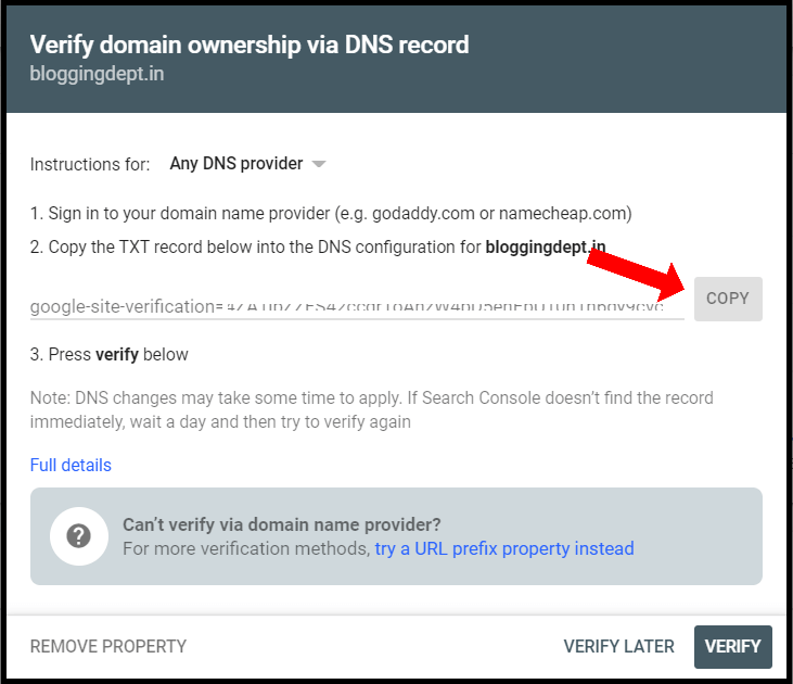 verify domain ownership via dns record cpanel
